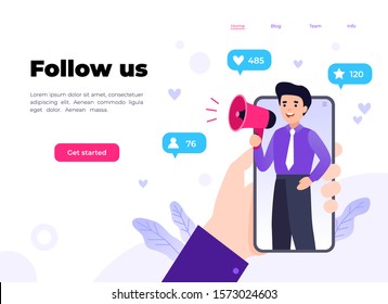 Vector illustration for internet advertisement. Hands holding smartphone with a man holding megaphoner. Influencer marketing, social media or network promotion, SMM banner, landing page