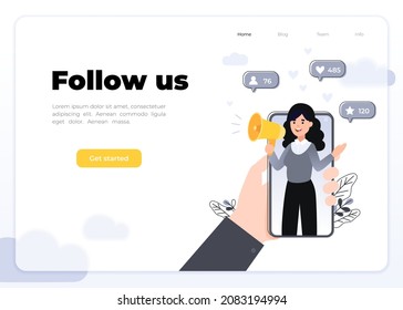 Ilustración vectorial para publicidad en Internet. Manos sosteniendo el smartphone con una chica gritando en voz alta. Influencer marketing, medios sociales o promoción de redes, banner SMM, página de inicio, volante.