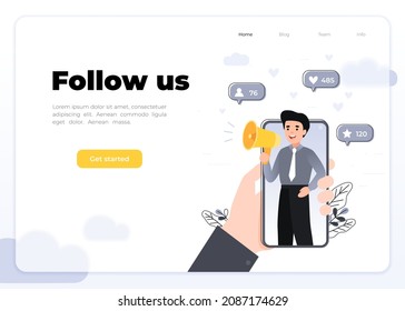 Ilustración vectorial para publicidad en Internet. Manos sosteniendo el smartphone con una chica gritando en voz alta. Influencer marketing, medios sociales o promoción de redes, banner SMM, página de inicio, volante.