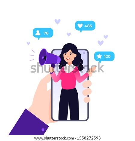 Vector illustration for internet advertisement. Hands holding smartphone with a girl shouting in loud speaker. Influencer marketing, social media or network promotion, SMM banner, landing page,flyer.