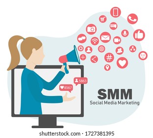 Vector Illustration für Internetwerbung. Beeinflussende Marketing, Social Media oder Netzwerk-Förderung, SMM Banner, Landing Page, Flyer.