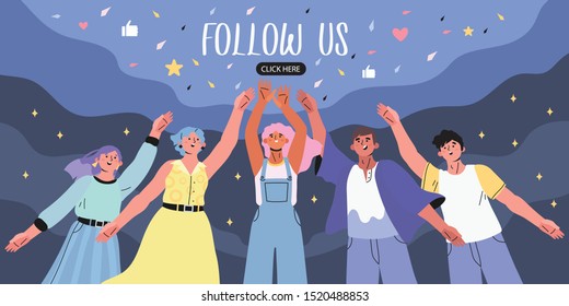 Vector illustration for internet advertisement of a social media users following an interesting page. Influencer marketing, social media or network promotion, SMM, banner, landing page, flyer.