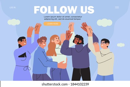 Vector illustration for internet advertisement. Social media customers, following interesting page concept. Influencer marketing, social media or network promotion, SMM, banner, landing page, flyer.