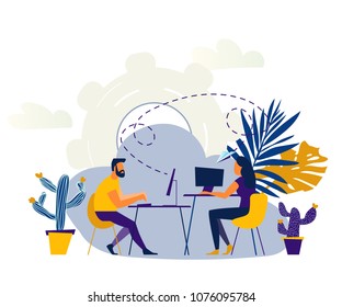 vector illustration Internet assistant at work. promotion in the network. manager for remote work, team work on the project, brainstorming