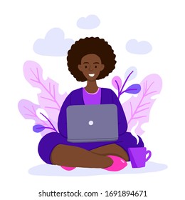 vector illustration of Internet assistant at work. manager for remote work. Freelancer african american woman working from home with laptop sitting in lotus pose with a cup of hot tea or coffee.
