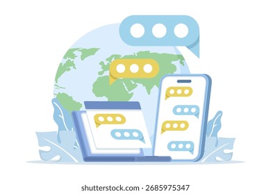 Vector illustration of internet communication and social networking. Concept includes chatting, video calls, messaging, and friend search representing online connection and digital interaction.