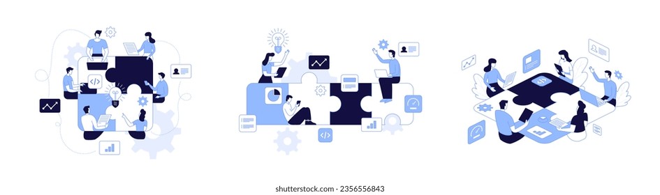Vector illustration of internet communication Team metaphor People connecting puzzle elements social networks Chat, video, vector, messages, website, search for friends, mobile web graphics
