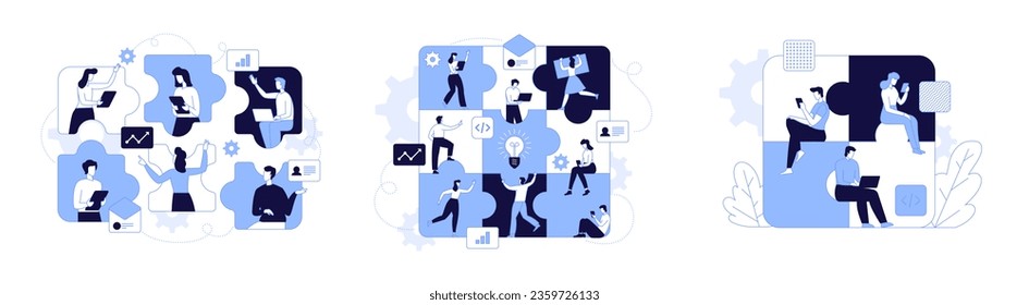 Imagen vectorial de la metáfora del equipo de comunicación en internet Personas que conectan elementos del rompecabezas redes sociales Chat, video, vector, mensajes, sitio web, búsqueda de amigos, gráficos web móviles