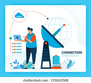Vector illustration for internet connection and transmitter for communication. Human vector cartoon characters. Design for landing pages, web, website, web page, mobile apps, banner, flyer, brochure