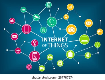 Vector illustration of internet of everything (IOT) concept. Various colorful icons of devices such as sensors and mobile devices connected wireless within a network. Dark blue background. 