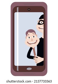 Ilustración vectorial - un estafador de Internet con una máscara negra con la cara falsa de una persona decente en una pantalla de un smartphone. Concepto: seguridad en Internet y seguridad de datos personales