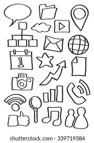 Vector illustration of internet icons in black outline doodle cartoon style isolated on white background.