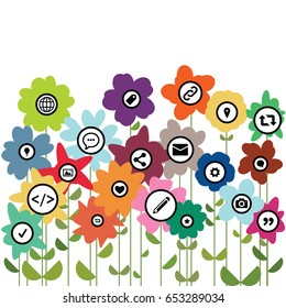 vector illustration of internet media icons and flowers for blogging and digital presence concepts and designs 