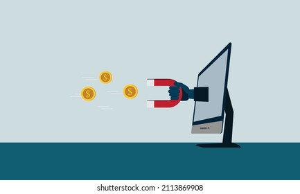 Vector illustration of internet network business concept. Illustration concept of hand came out from computer, hand from computer holding magnet attraction coin or crypto