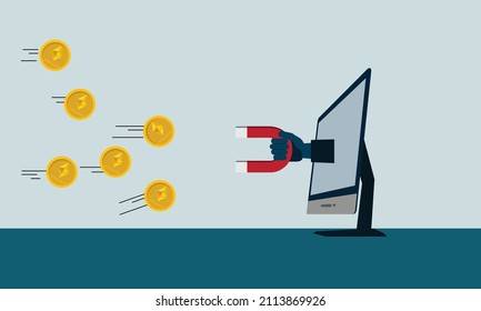 Vector illustration of internet network business concept. Illustration concept of hand came out from computer, hand from computer holding magnet attraction coin or crypto