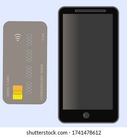  Vector illustration. Internet payment with mobile phone concept banner. Smartphone with credit card. 