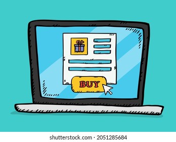 Vector illustration of internet shop page on laptop screen. User arrow is clicking BUY button. Hand drawn colorful doodle image.