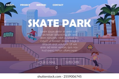 Vector illustration of an internet site with characters in a skate park. Online store layout web page. Advertising interface. Banner with space for text. Polish cartoon style.