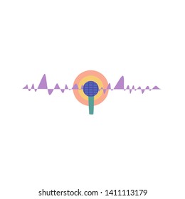 Vector illustration internet voice chat cartoon.  electromagnetic waves with frequencies. artificial intelligence head helper. chat bot for information on Internet.  microphone makes sound.