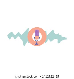Vector illustration internet voice chat cartoon.  electromagnetic waves with frequencies. artificial intelligence head helper. chat bot for information on Internet.  microphone makes sound.