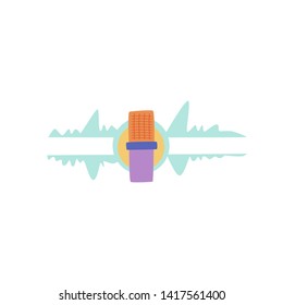 Vector illustration internet voice chat cartoon.  electromagnetic waves with frequencies. artificial intelligence head helper. chat bot for information on Internet.  microphone makes sound.