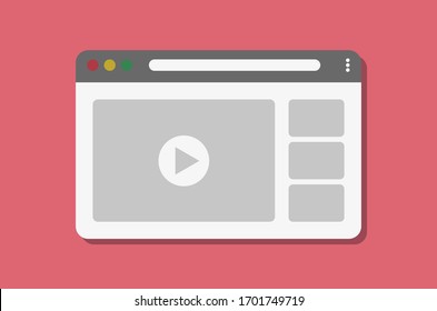 Vector illustration of internet window with shadow on light red background. Video clips in the browser window. Video website window. IT flat design. User interface vector illustration.