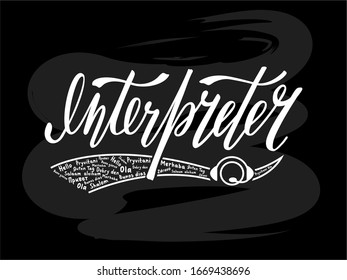 Vektorillustration-Illustration von Dolmetschern mit Symbol für Banner, Signatur, Werbung, Poster, Visitenkarte, Logo-Design von Übersetzungsagenturen. Handgeschriebener Text mit Welle für Web oder Druck