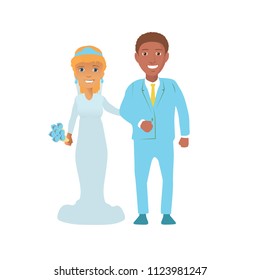Vector Illustration of an Interracial Couple Having Their Portrait Taken.  interracial wedding. white bride and 
black groom