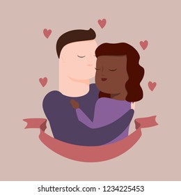 vector illustration of interracial couple in tender hugs