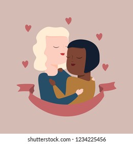 vector illustration of interracial female homosexual couple in tender hugs