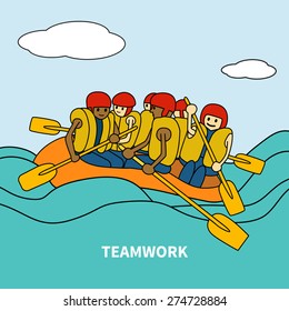 Vector illustration of interracial rafting team. Concept for teamwork. Cartoon style.