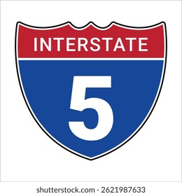 vector illustration of interstate 5 highway road sign in classic red, white, and blue shield style for navigation or transport use	