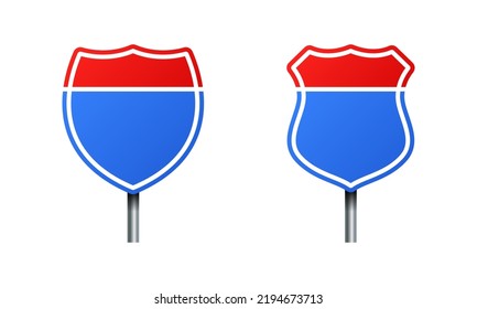 Vector illustration of interstate highway road signs isolated on white background. Set of traffic signs. Collection of realistic blank traffic control signs on metal poles. 
