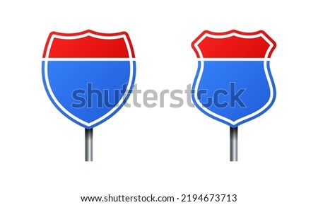 Vector illustration of interstate highway road signs isolated on white background. Set of traffic signs. Collection of realistic blank traffic control signs on metal poles. 
