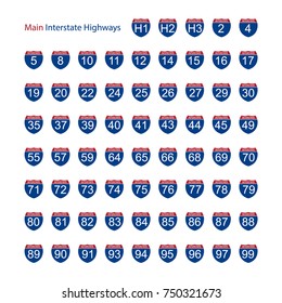 Vector illustration interstate main highway road sign icon  set, collection isolated on white background