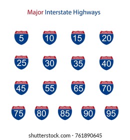 Vector Illustration Interstate Major Highway Road Sign Icon  Set, Collection Isolated On White Background