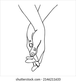 Vector illustration of intertwined hands of people in love. A gesture of strong connection, trust. Hands of loving people. Palm in palm. Line drawing of human hands.