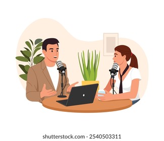 Ilustración vectorial de una entrevista. Escena de dibujos animados de una entrevistadora de chicas y un hombre diciendo algo, sentado en una mesa con micrófonos, una computadora portátil, macetas, un póster aislado sobre un fondo blanco.