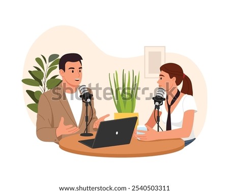 Vector illustration of an interview.Cartoon scene of a girl interviewer and a man telling something,sitting at a table with microphones, a laptop, flower pots, a poster isolated on a white background.