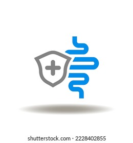 Vector illustration of intestine and shield with medical cross. Icon of intestines protection. Symbol of digestion and metabolism health.