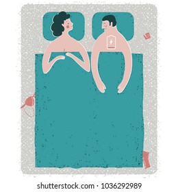 Vector illustration of intimate problem situation in bed . Metaphorical depiction of the erectile dysfunction. Man with the low battery sign.