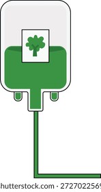 Vector illustration of an intravenous IV drip bag filled with green liquid featuring a plant icon, symbolizing plant-based therapy, natural medicine, detox, and eco-friendly healthcare.