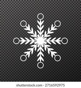 Ilustración vectorial de un intrincado copo de nieve blanco aislado sobre un fondo transparente, ideal para adornos de Navidades, diseños de vacaciones de invierno, decoraciones festivas, superposiciones y fondos de temporada.
