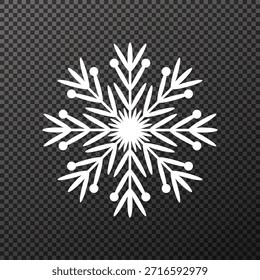 Ilustración vectorial de un intrincado copo de nieve blanco aislado sobre un fondo transparente, ideal para adornos de Navidades, diseños de vacaciones de invierno, decoraciones festivas, superposiciones y fondos de temporada.

