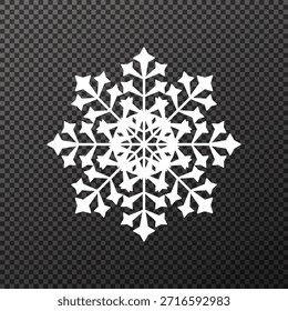 Ilustración vectorial de un intrincado copo de nieve blanco aislado sobre un fondo transparente, ideal para adornos de Navidades, diseños de vacaciones de invierno, decoraciones festivas, superposiciones y fondos de temporada.
