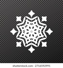Ilustración vectorial de un intrincado copo de nieve blanco aislado sobre un fondo transparente, ideal para adornos de Navidades, diseños de vacaciones de invierno, decoraciones festivas, superposiciones y fondos de temporada.
