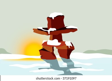 Vector illustration of Inuit Inukshuk used as landmarks to communicate and navigate in the Arctic Circle