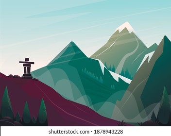 Vector illustration of Inukshuk and mountains, Inuit, Pacific Northwest, North America.