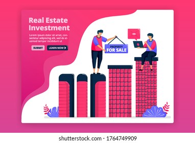 Vector illustration of investing by buying urban property, real estate or apartments. Increase wealth by purchasing property.  Can be used for landing page, website, web, mobile apps, posters, flyers
