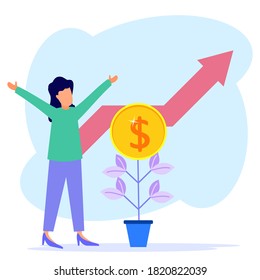Vector illustration of investment business concept. Businesswomen around the coin-bearing tree, easy to use and highly customizable.